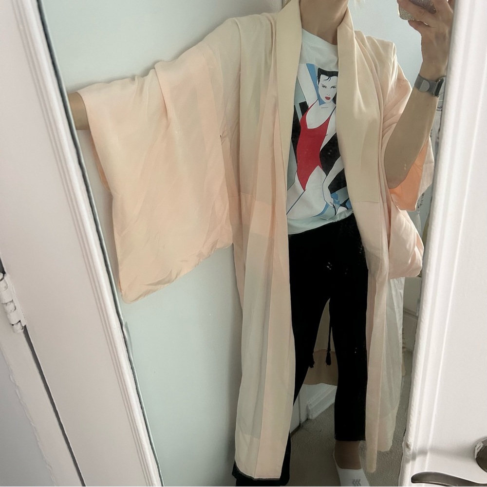 VINTAGE Solid Peach Kimono Bat Wing Sleeve Robe o/s - Picture 5 of 10